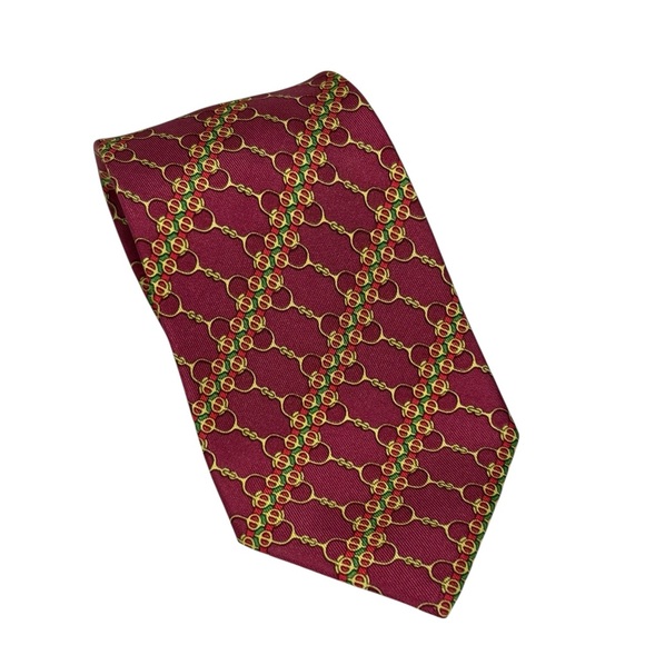 Hermès Paris 100% Silk Tie 7077 OA Burgundy Gold Chain Pattern Luxury Designer